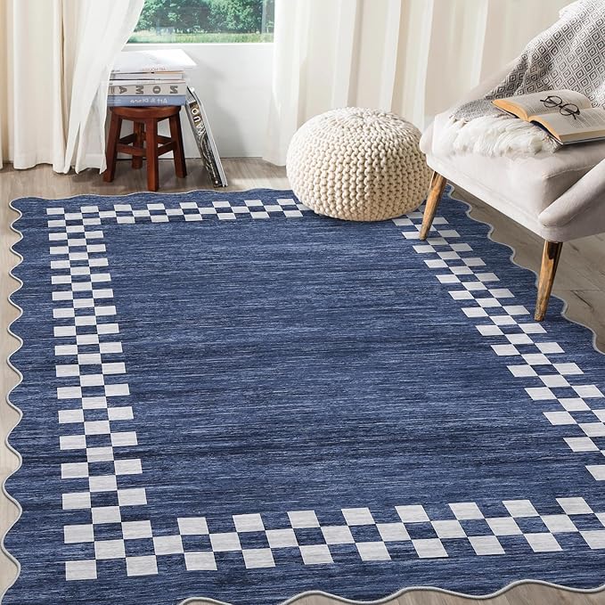 GarveeHome Scalloped Washable Rug 9x12 Area Rug for Living Room Modern Border Large Bedroom Throw Carpet with Rubber Backing Stain Resistant Boho Rug for Dining Room Home Decor Office, Blue
