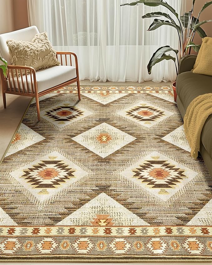 Area Rug 5x8 Rug Machine Washable Non-Slip Low Pile Print Pattern Western Rug for Living Room Bedroom Entryway Tribal Series-Cream/Camel