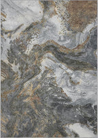 Modern Washable Rug for Living Room: Abstract 9x12 Area Rugs for Bedroom Low Pile Non Slip - Stain Resistant Carpet for Dining Room Indoor - Grey Gold