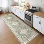 Runner Rug Kitchen Washable Rugs: 3x8 Non-Slip Abstract Soft Modern Stain Resistant Indoor Floor Neutral Accent Throw Carpet for Hallway Bathroom Laundry Room Entryway Bedroom- Green