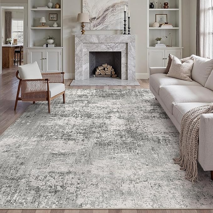 6x9 Grey Area Rug Washable Modern Abstract Living Room Carpet Non Slip Neutral Low Pile Soft Contemporary Gray Bedroom Large Rug Indoor Office Dining Room Playroom