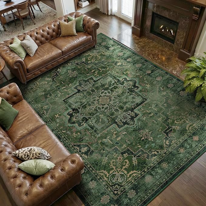 Retro Green Area Rug 7x9 for Living Room, Distressed Medallion Dining Room Rug Under Table, Washable Non Slip Thin Carpet Rugs for Bedroom Under Bed Home Office