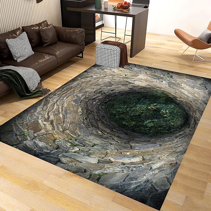 3D Hole Area Rug for Bedroom, 6x9ft, Visual Illusion Stone Cave Trap Design Home Decorative Rugs, Breathable Anti Skid Dirty Resistant Washable Soft Large Carpets for Family Indoor
