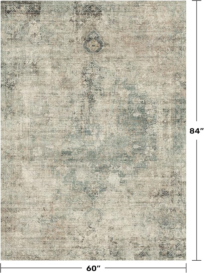 Neutral Abstract Area Rug for Living Room - 5x7 Washable Rug for Large Entryway, Mudroom, Home Office, Moss Cool Green Modern Contemporary & Non Skid Thin Décor