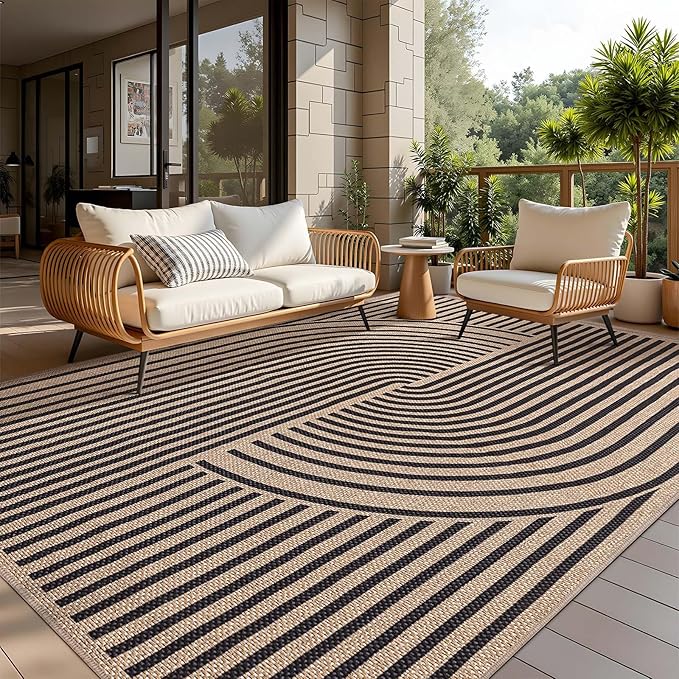 Tangsoo Rainbow Easy Jute Rug 5x7 Large Washable Area Rug for Living Room,Black Non-Slip Thin Outdoor Rug,Modern Farmhouse Indoor Carpet for Dining Room Table Bedroom Patio