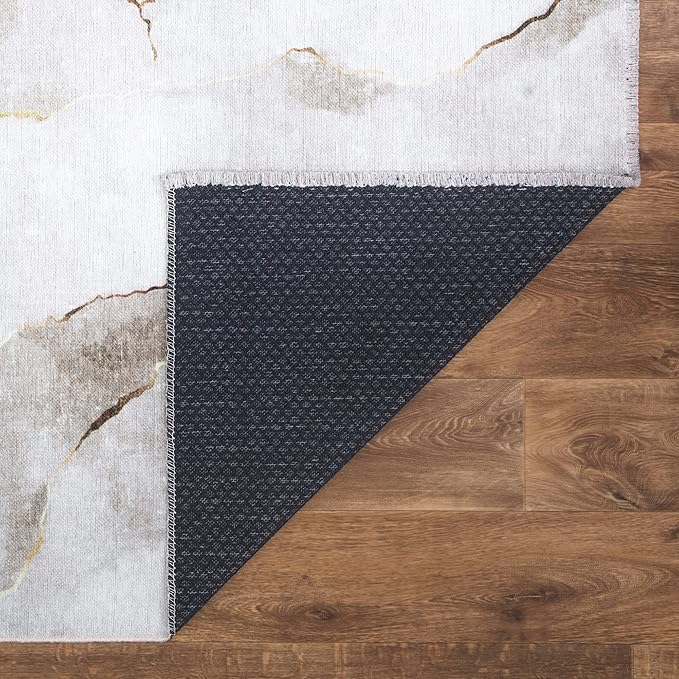 Bloom Rugs Caria Washable Non-Slip 10 ft Runner - Ivory/Gold Modern Abstract Runner for Entryway, Hallway, Bathroom, and Kitchen - Exact Size: 2'6" x 10'