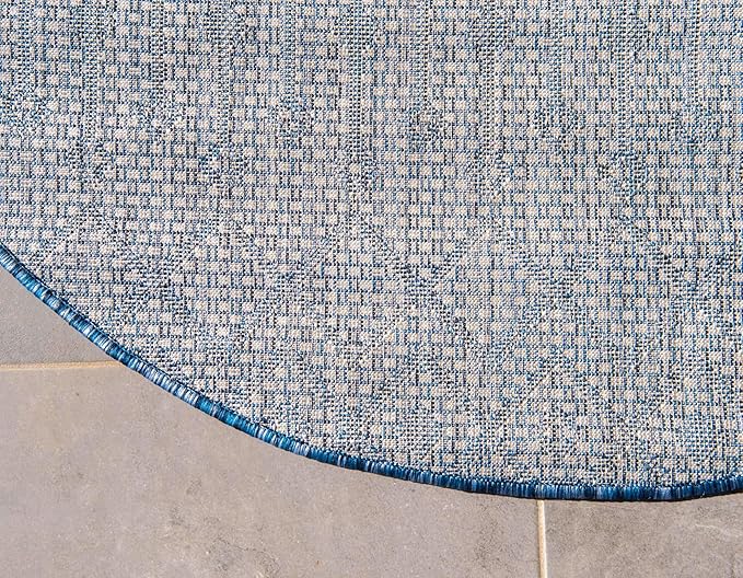 Unique Loom Outdoor Trellis Collection Area Rug - Tribal Trellis (5' 1" Round, Blue/ Ivory)