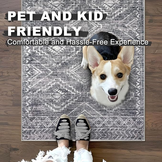 KILOCOCO Boho Kitchen Runner Rug 2x6 Washable Runner Rug Soft Runners for Hallways Non Slip Printed Distressed Laundry Room Rugs, Low-Pile Runners for Entryway Bedroom Living Room, Grey