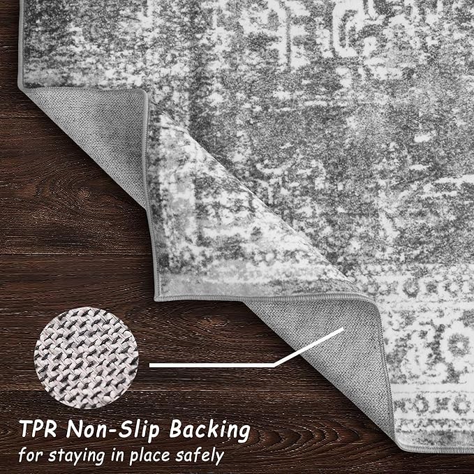vivorug 9x12 Area Rugs, Stain Resistant Washable Rug for Living Room, Vintage-Inspired Grey Rug