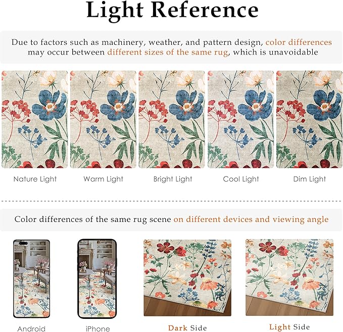 Floral Runner Rug 2x7 Washable Hallway Long Beige Bedroom Carpet Non Slip Indoor Boho Kitchen Low Pile Accent Rug Lightweight Soft for Bathroom Dining Laundry Living Room