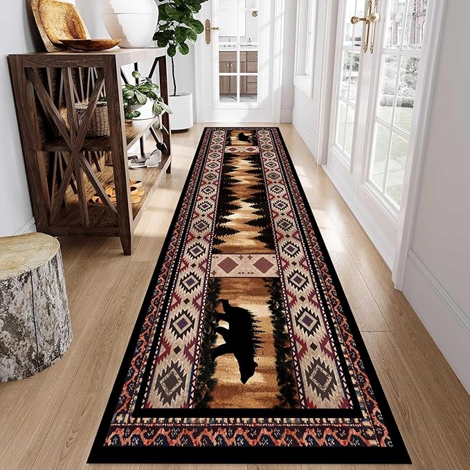 Rustic Cabin Bear Runner Rug, 3.3x7ft, Native American Long Runner Rug, Wildlife Black Bear Forest Hallway Rug, Vintage Brown Non-Slip Washable Southwestern Style Rug for Entry Kitchen