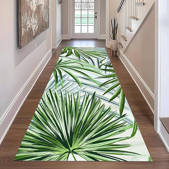 Hall Runner Rug 2.6x10 ft Non-Slip - Tropical Palm Leaves Design in Emerald Green - Easy Clean Washable Carpet for Hallway, Entryway, Bedroom - Durable Floor Decor