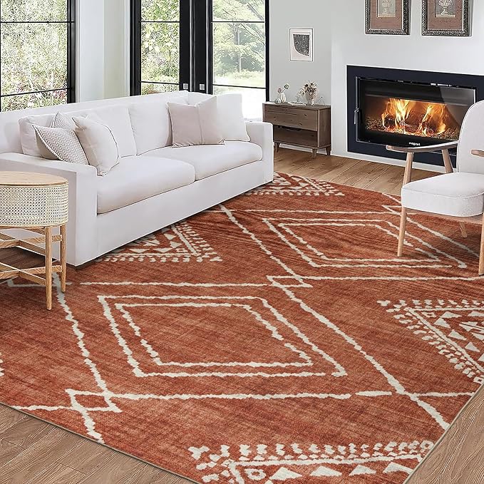 ReaLife Rugs Machine Washable Area Rug Runner - Living Room Bedroom Bathroom Kitchen Entryway Office - Padded Low Pile Stain Resistant Premium - Moroccan Diamond Tribal - Jax - Orange 3' x 5'