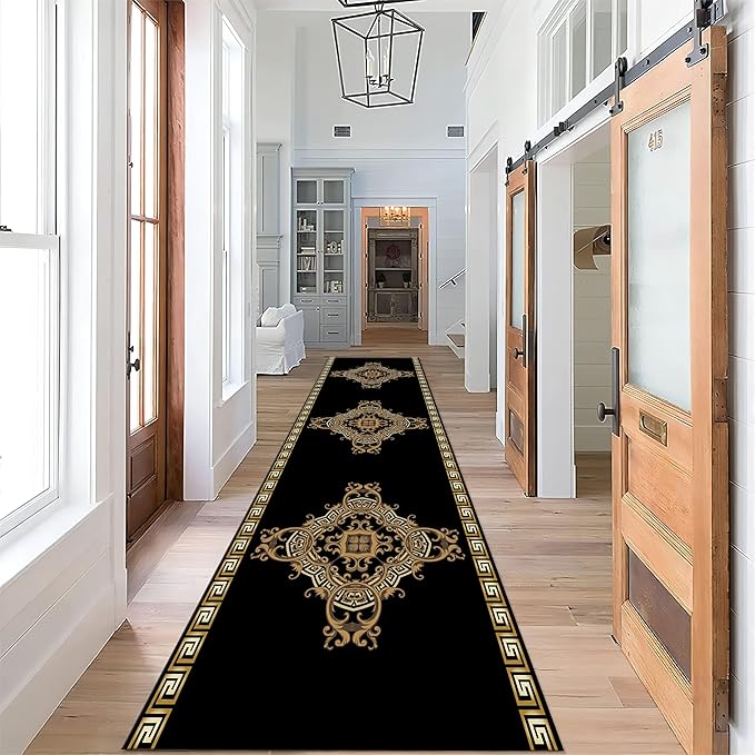 Vintage Baroque Art Long Hallway Rugs Runners, 2x10ft, Luxury European Geometric Living Room Rug, Gold Greek Meandering Soft Washable Mats, Shed Resistant Pet Friendly Carpet for Indoor