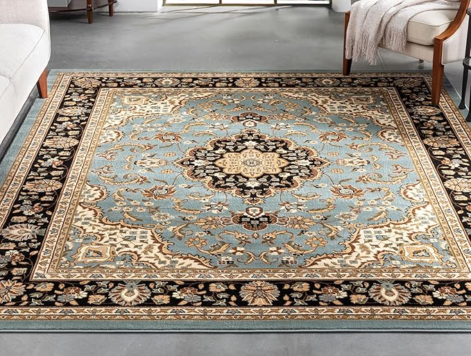 Well Woven Barclay Collection Medallion Kashan Light Blue 8x10 Area Rug - for Living Room, Bedroom, and Dining Room