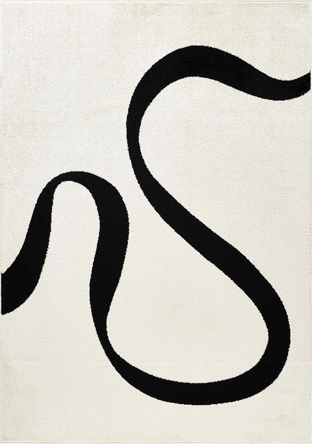 Abani Abstract Beige/Black Area Rug - 5'x8' - Modern Curved Line Design - Deco Collection - Easy to Clean - Durable for High Traffic Areas - Bedroom, Office & Kitchen - Medium Pile