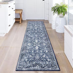 KILOCOCO Hallway Runner 2x5 Printed Vintage Floral Washable Kitchen Runner Rug Non-Slip Runners for Hallways Distressed Boho Runners for Bedroom Laundry Room, Navy Blue