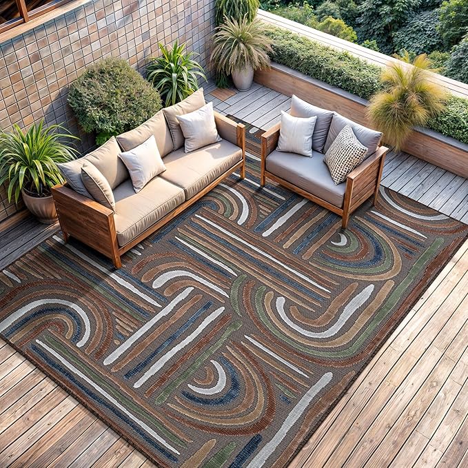 CAMILSON Indoor Outdoor Rug, Brown 6x9 Geometric Arch Striped Area Rugs for Patio and Home Areas, Easy-Cleaning Non-Shedding Living Room, Garden and Deck Washable Outside Carpet (6 x 9)