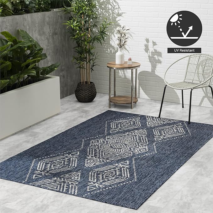 FH Home Outdoor Area Rug - Waterproof Easy to Clean Stain Resistant - Patio Indoor Outdoor Porch Deck Balcony Entryway - Boho Moroccan - Ariana - Blue - 7ft 10in x 10ft 9in