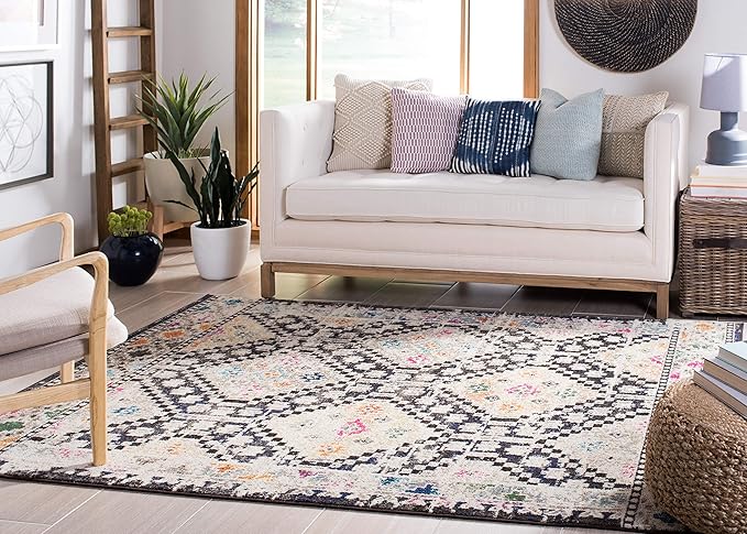SAFAVIEH Madison Collection Area Rug - 6'7" Square, Black & Yellow, Boho Diamond Distressed Design, Non-Shedding & Easy Care, Ideal for High Traffic Areas in Living Room, Bedroom (MAD418Z)