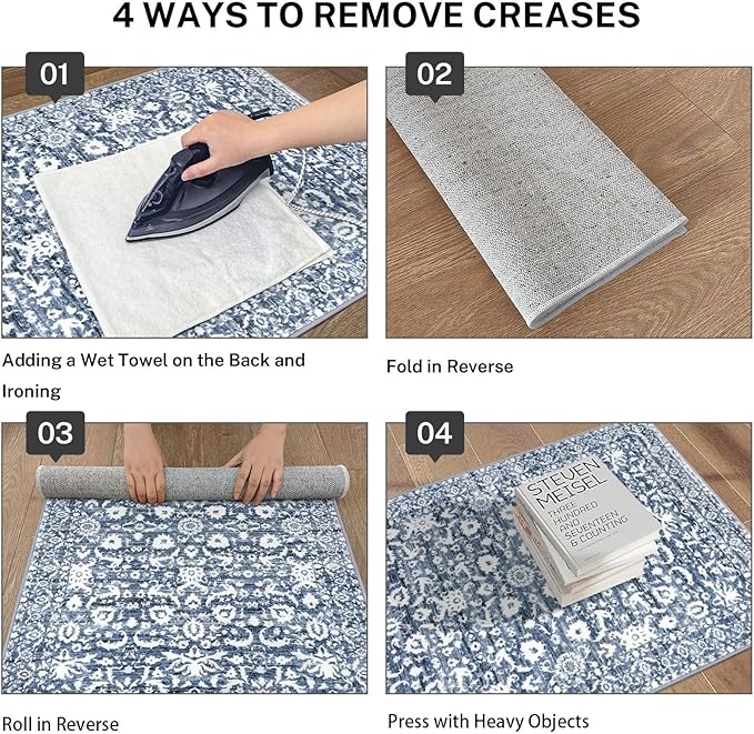 Vintage 4x6 Living Room Washable Rug, Light Blue White Non-Slip Soft Bedroom Area Rug Thin Printed Faux Wool Floor Super Soft Carpet Throw Rugs for Nursery Playroom Dining Room Office