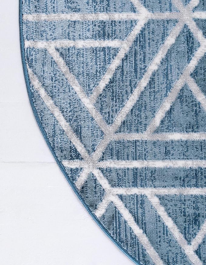 Rugs.com Lattice Trellis Collection Rug – 3 Ft Round Blue Low-Pile Rug Perfect for Kitchens, Dining Rooms