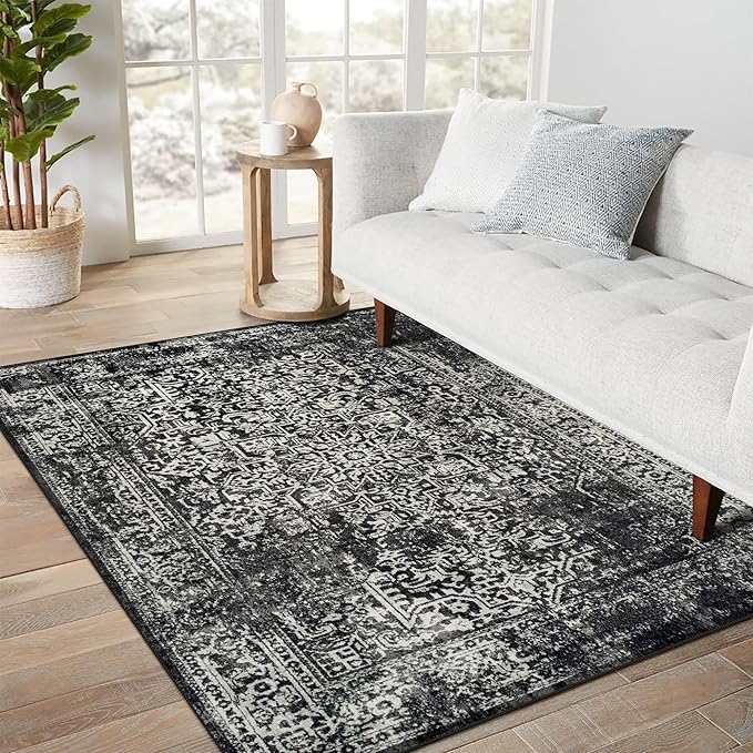 vivorug 8x10 Area Rugs, Stain Resistant Washable Rug for Living Room, Vintage-Inspired Black and White Rug