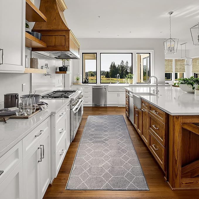 Custom Made Runner Rug for Kitchen Foyer Hallway Entry Choose Your Length Size 26 Inch Wide Geometric Lattice Design Grey Color (5 feet x 26 inch)