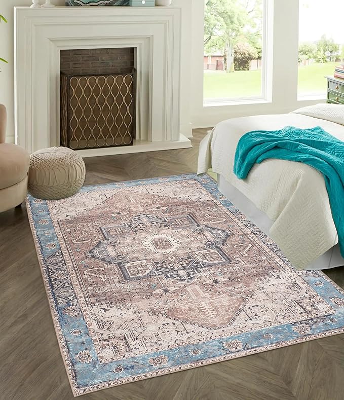 GLN Rugs Traditional Collection - Machine Washable Area Rug, Traditional Washable, Non Slip, Low Pile Chenille Rug, Living Room, Bedroom, Kitchen Rug (8' x 10' Brown/Blue)