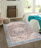 GLN Rugs Traditional Collection - Machine Washable Area Rug, Traditional Washable, Non Slip, Low Pile Chenille Rug, Living Room, Bedroom, Kitchen Rug (5' x 7' Brown/Blue)