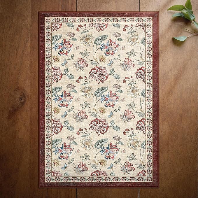 jinchan Elora 2x3 Floral Rug for Entryway Washable Kitchen Rug Vintage Romance Design Small Mat Non Slip Indoor Doormat Lightweight Low-Profile Throw Carpet for Entrance Laundry Room, Red/Beige