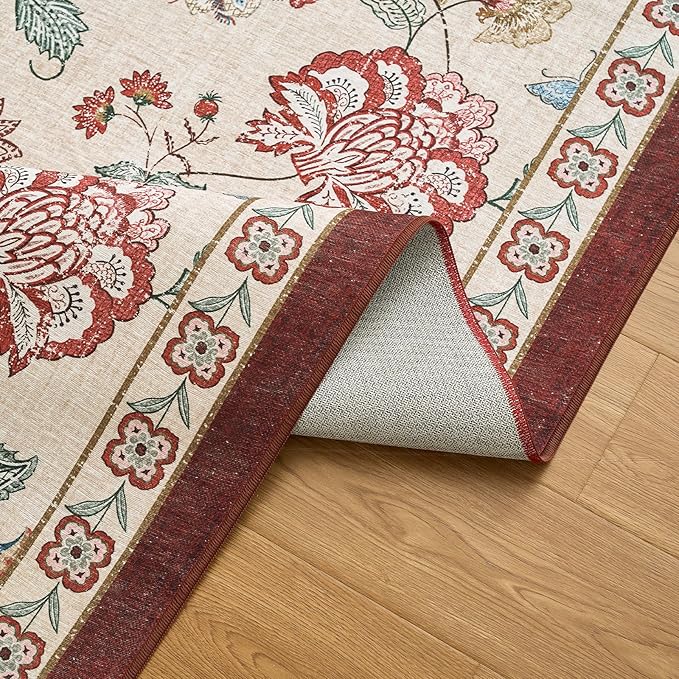 jinchan Elora 3x8 Floral Runner Rug for Hallway Washable Kitchen Runner Vintage Romance Design Non Slip Thin Indoor Floor Cover Low-Profile Throw Carpet for Entryway Bathroom Bedroom Porch, Red/Beige