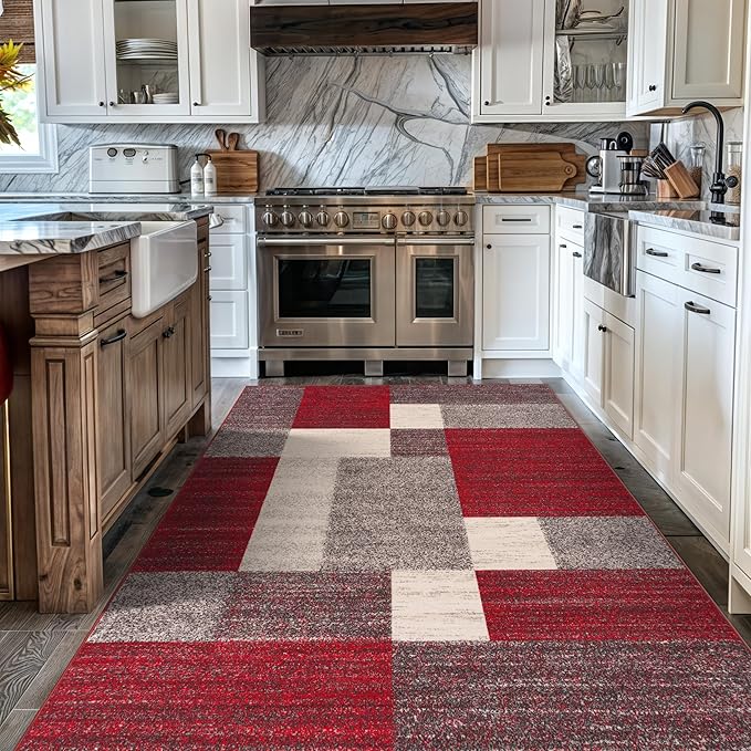Rugshop Red Modern Geometric Boxes Non-Slip Area Rug Non-Shedding for Living Room, Bedroom and Dining Area, 5'3" x 7'3"