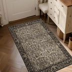 Washable Living Room Rug: 3x5 Boho Floral Soft Area Rug for Bedroom Decor - Vintage Low Pile Thin Carpet for Dining Room Non-Slip - Farmhouse Stain Resistant Rugs - Dark Brown