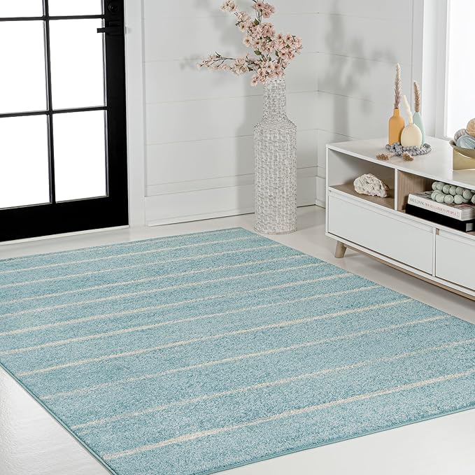 JONATHAN Y Williamsburg Minimalist Stripe Turquoise/Cream Indoor Area Rug, 4x6, Contemporary, Modern, Easy-Cleaning for Living Room, Bedroom, Kitchen, Pet Friendly, Non-Shedding (MOH201B-4)