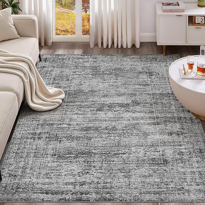 7x9 Area Rug Living Room Rugs - Washable Neutral Modern Abstract Soft Thin Rug Indoor Floor No Slip Rug Carpet for Bedroom Under Dining Table Home Office Decor - Dark Gray