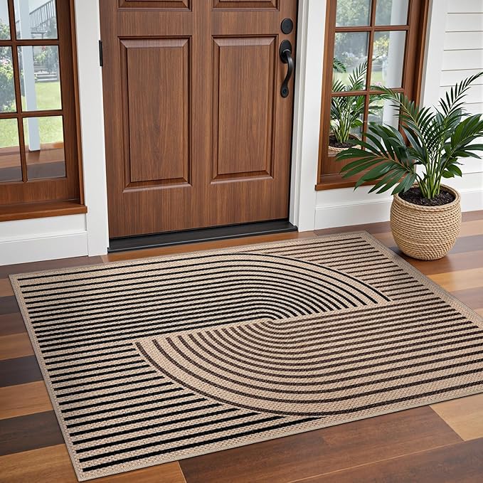 Tangsoo Easy Jute 3x5 Rug for Living Room,Non-Slip Thin Dark Brown Rainbow Indoor Outdoor Area Rug,Washable Boho Farmhouse Carpet for Front Porch Bedroom Patio Entryway