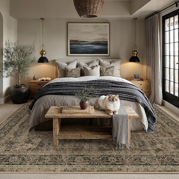8x10 Washable Area Rug Brown Vintage Distressed Large Rug for Living Room Oriental Soft Thin Indoor Retro Carpet Non Slip Low Pile Floor Cover for Bedroom Dining Room Office Nursery