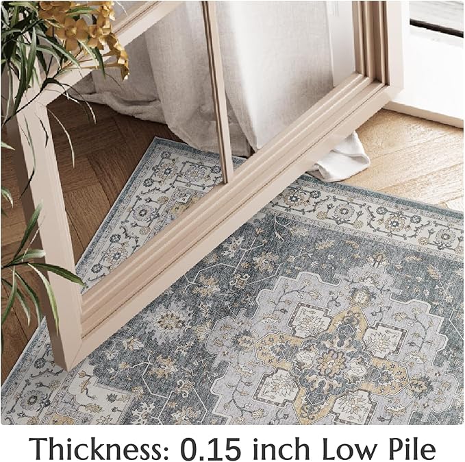 jinchan Area Rug 5x7 Vintage Washable Bedroom Rug Floral Medallion Lightweight Non Slip Thin Retro Classic Soft Boho Floor Cover Farmhouse Carpet for Living Room Dining Room Kitchen Grey
