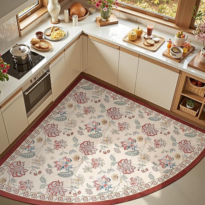 jinchan Elora Floral Corner Rug for Living Room Washable Bedroom Rug Vintage Romance Design Non Slip Quarter Circle Lightweight Low-Pile Throw Carpet for Reading Nook Playroom,6ft Radius, Red/Beige