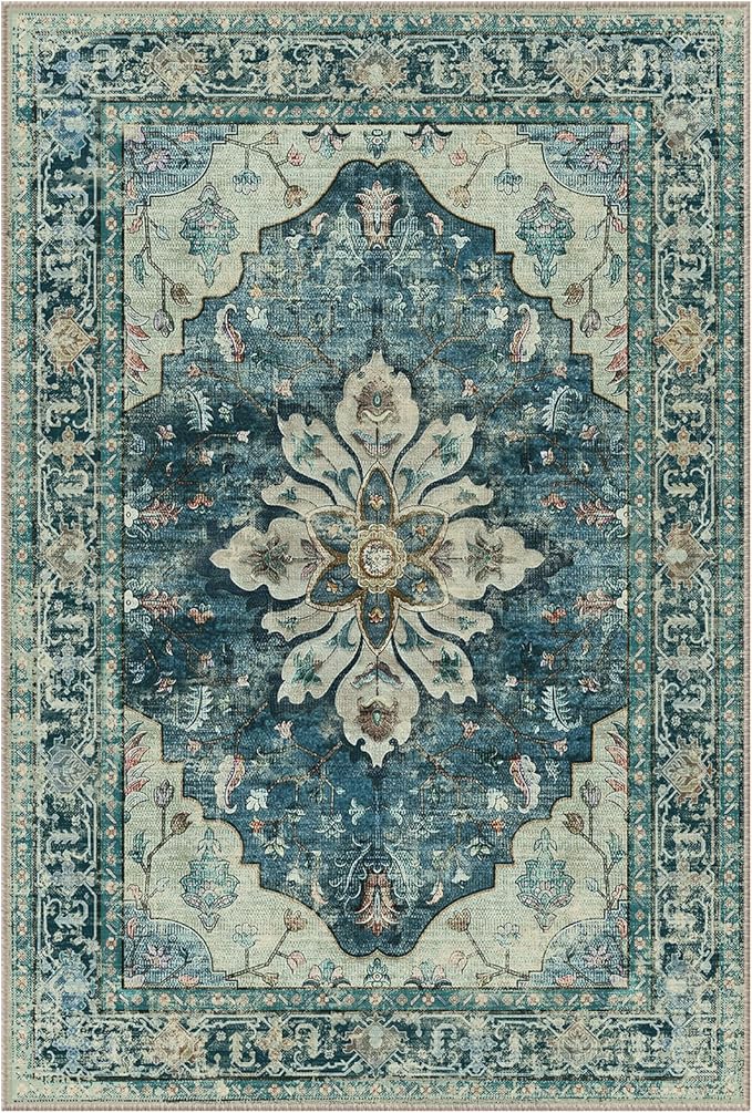 Area Rugs 3'x6' Washable Non-Slip, Floral Vintage Distress Print Pattern Medallion Carpet for Living Room Bedroom Dining Room, Dark Blue Vintage