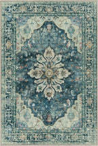 Area Rugs 3'x6' Washable Non-Slip, Floral Vintage Distress Print Pattern Medallion Carpet for Living Room Bedroom Dining Room, Dark Blue Vintage