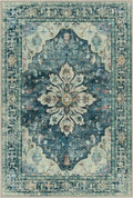 Area Rugs 7'x10' Washable Non-Slip, Floral Vintage Distress Print Pattern Medallion Carpet for Living Room Bedroom Dining Room, Dark Blue Vintage