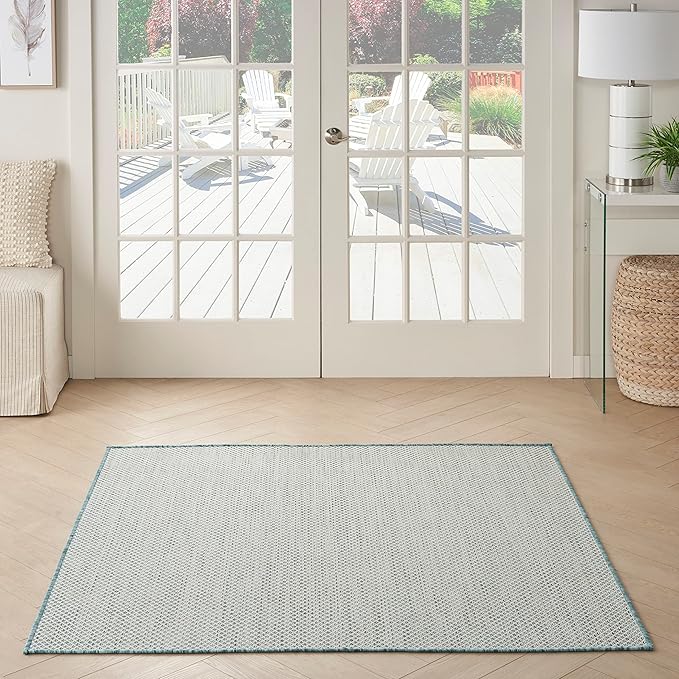 Nourison Home Courtyard Ivory Aqua 5' x Square Area Rug - Easy Clean, Non Shedding, Bed Room, Living Room, Dining Room, Kitchen (5' x Square)