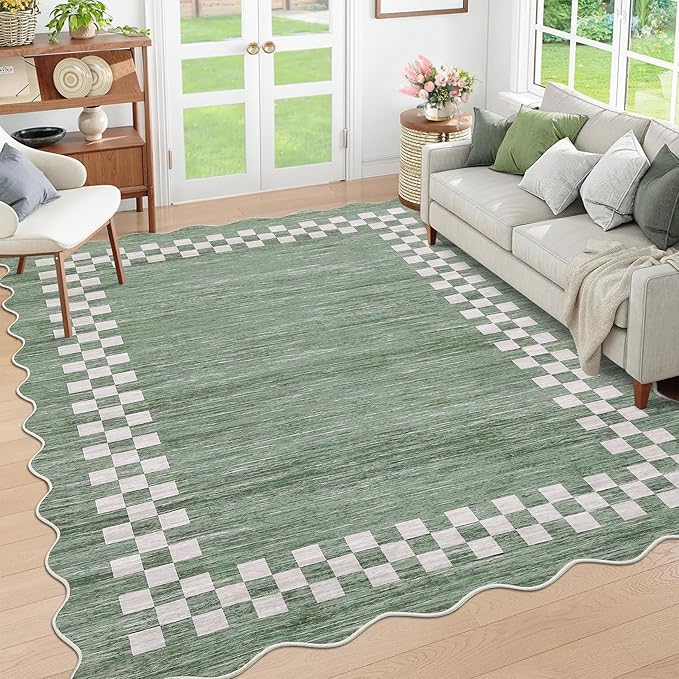 GarveeHome Area Rug 6x9 Large Living Room Modern Border Throw Rug with Rubber Backing Stain Resistant Dining Room Throw Carpet Washable Scalloped Rug for Bedroom Home Decor Office, Green