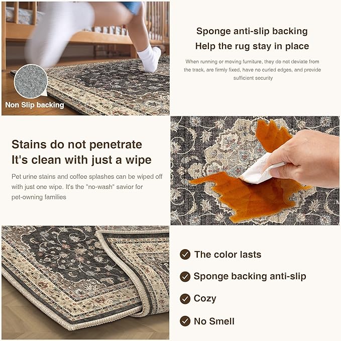 HUGEAR Machine Washable Area Rugs 5x7 Vintage Black Living Room Bedroom Rug Neutral Style Non Slip Stain Resistant Low Pile Throw Carpet for Home Retro Aesthetic Modern Decor