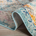 SAFAVIEH Madison Collection Area Rug - 6'7" Round, Blue & Yellow, Boho Diamond Distressed Design, Non-Shedding & Easy Care, Ideal for High Traffic Areas in Living Room, Bedroom (MAD418K)