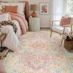 Kokia 5x7 Washable Area Rugs Pink Orange with Vintage Orient Design, Soft Rug for Living Room or Bedroom, Non-Slip Low Pile Stain Resistance Features, Distressed Medallion Pattern