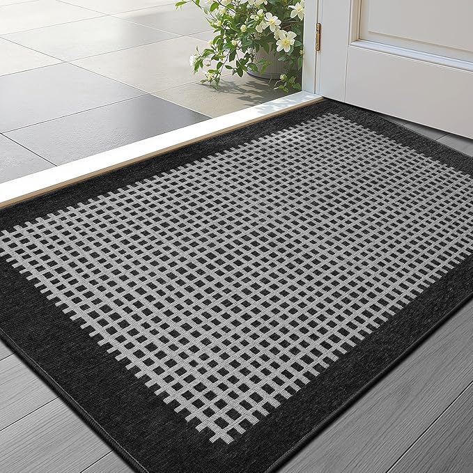 LUMI Inside Door Mat for Entry 24''x36'', Absorbent, Dirt Trapper, Low Profile Thin, Non Slip Mats with Rubber Backing, Ideal for Indoor, High Traffic, Garage, Entrance, Checkered Black