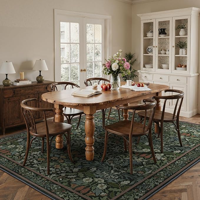 Bavni Floral Dark Green Area Rugs 6x9, Vintage Boho Carpet Machine Washable, Non Slip Soft Low Pile Thin Rug for Bedroom, Living Room, Dining Room, Nursery